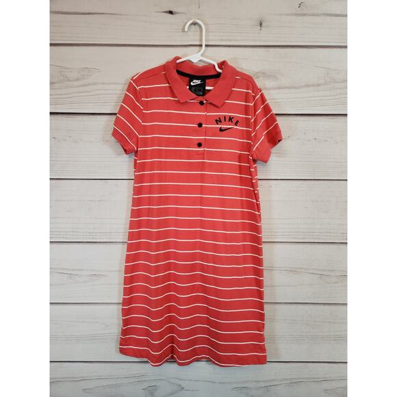 Nike Girls Red White Striped Cotton Short Sleeve Polo Shirt Dress‎ Size Medium - Picture 1 of 6
